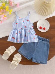 2件套女婴春夏休闲风套装，纯色无袖吊带上衣和蝴蝶结装饰短牛仔裤 - 藍色 - 查看 2