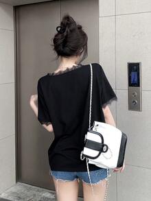 DAZY Áo thun nữ tay ngắn họa tiết ren vá màu trơn đơn giản - màu đen - Xem 7