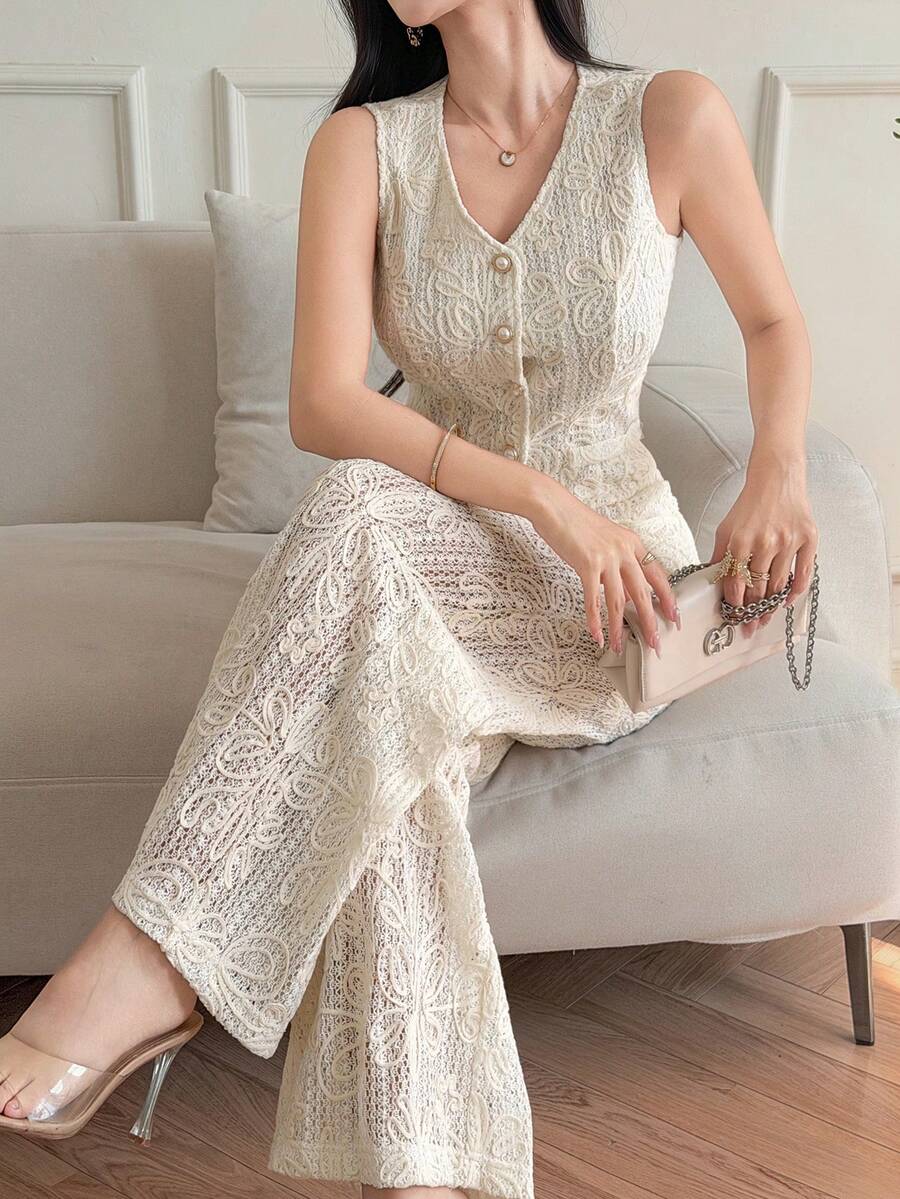 Dazy-Less Spring/Summer Elegant Lace 2-Piece Set: Sleeveless Jacket Top And Straight Leg Pants, Casual Commuting Outfit, Old Money Luxury Style Business Casual Woman - White - View 1