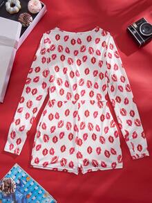 Eraneu Women's Sexy Red Lip Print Front Closure Bodysuit Lingerie - Red and White - View 2