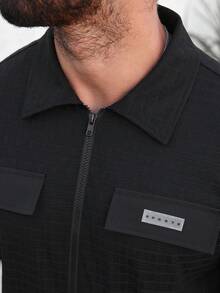 Manfinity Homme 2pcs Men's Elegant Houndstooth Jacquard Long Sleeve Zip-Up Jacket And Drawstring Elastic Waist Ankle Cuff Pants Set, Classic Hot-Selling Autumn/Winter Casual Outfit For Vacation, Dates, Parties, Office, Business - Black - View 6