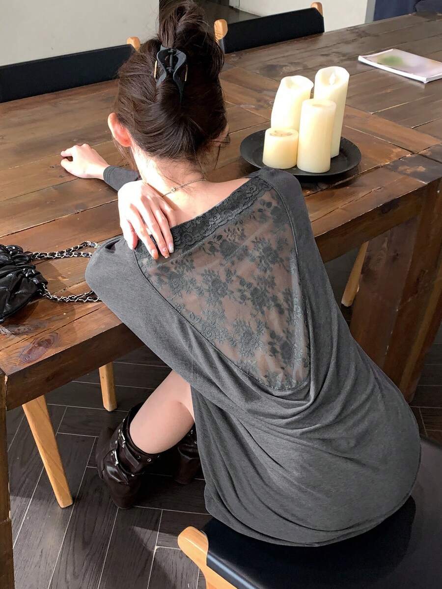 DAZY Women's Lace Korean Style Casual Long Sleeve T-Shirt - Grey - View 1