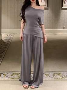 DAZY Women's Solid Color Knit Draped Neck Crop Top & Wide Leg Pants/Lounge Pants Pajama Set - Grey - View 5