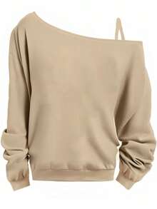 EMERY ROSE Plus Size Casual Solid Color Khaki Off-Shoulder Long Sleeve T-Shirt, Suitable For Autumn/Winter - Khaki - View 1