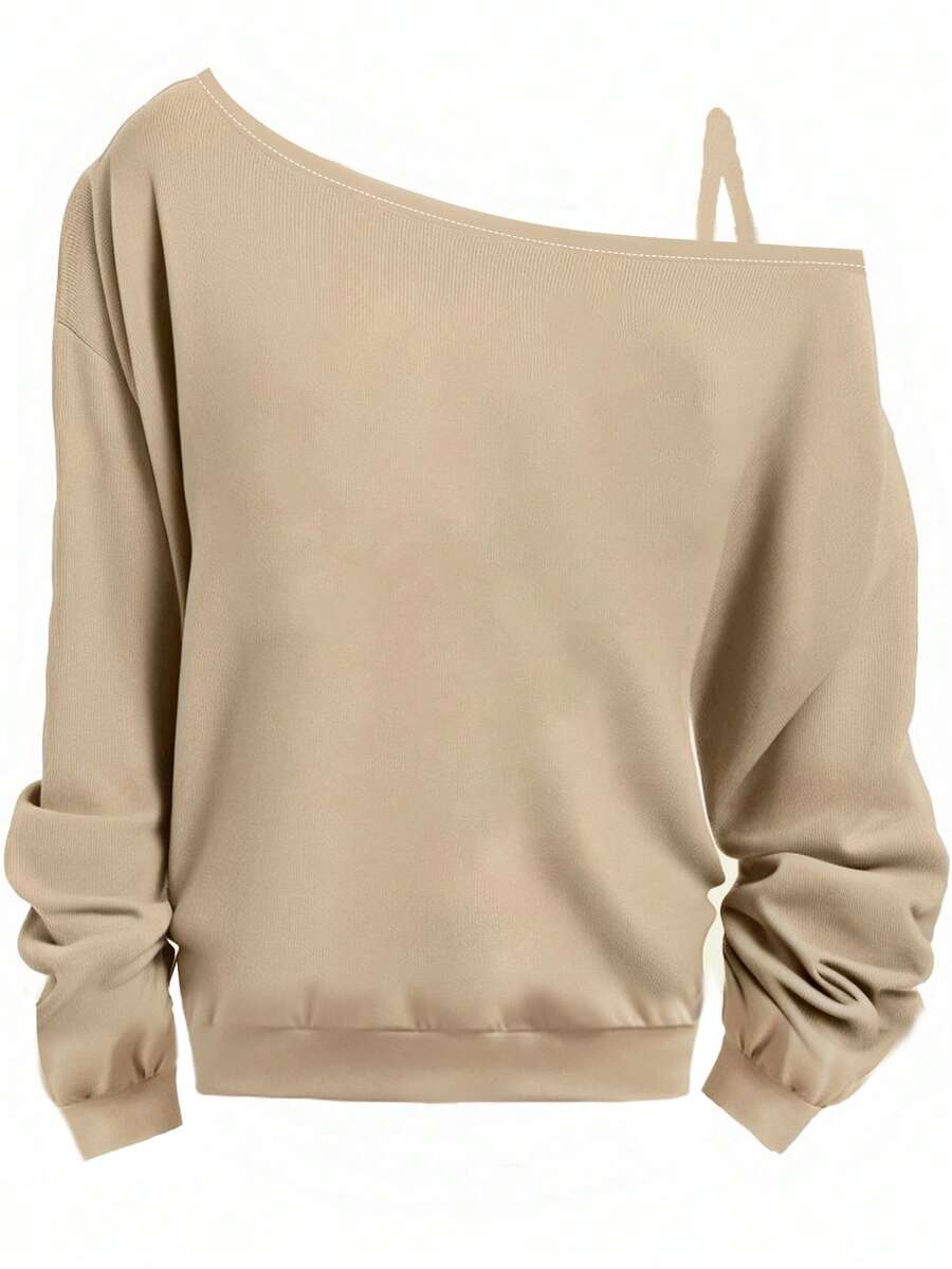 EMERY ROSE Plus Size Casual Solid Color Khaki Off-Shoulder Long Sleeve T-Shirt, Suitable For Autumn/Winter - Khaki - View 1