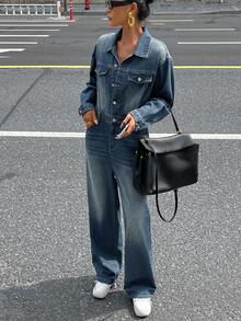 DAZY 时尚水洗复古连体裤，新款长袖牛仔连体裤 - 藍色 - 查看 3