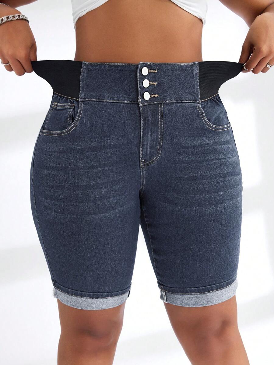 Slaydiva Plus Size Elastic Waist Fitted Denim Shorts - Dark Wash - View 1