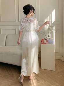 DAZY Women's Elegant Lace Sleeveless Dress With Belt, 2 Pieces Set, Summer - Beige - View 2