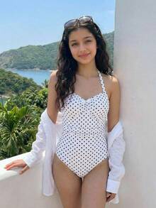 SHEIN 少女波点露背褶皱蝴蝶结装饰时尚度假沙滩连体泳衣 - 白色 - 查看 11