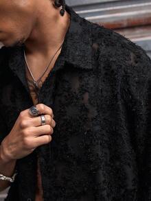 AXEPEAK Men's Cutout Short Sleeve Single-Breasted Loose Casual Shirt - Black - View 6