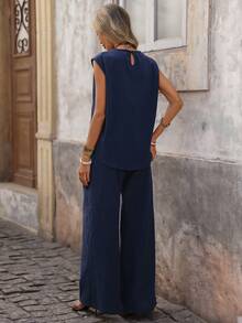 Brillora 女士度假休闲纯色背心和阔腿裤两件套，100%纯棉两件套，棉质套装，波西米亚风，波西米亚风格，女士休闲套装，夏季度假装，返校装；简约套装；女士乡村风服装；办公装；复古风；教师装；约会装；毕业季；春夏休闲两件套；度假，女士两件套休闲套装，女士阔腿裤，女士夏季裤装套装，藏蓝色上衣和裤子，女士休闲装，藏蓝色女士裤装套装 - 藏蓝色 - 查看 4