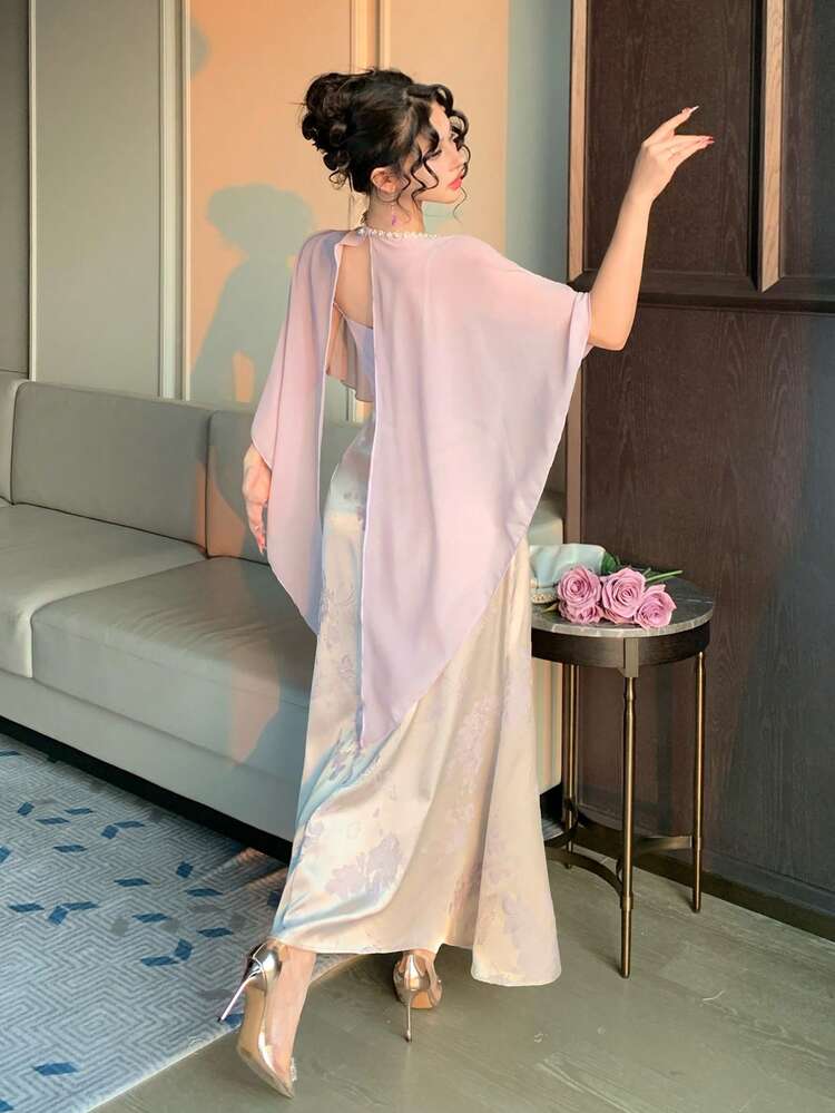 Women's Elegant Contrast Color Patchwork Ruffle Sleeve Chinese Style Mid-Length Dress, Summer Wedding Guest Dress Easter Sundress