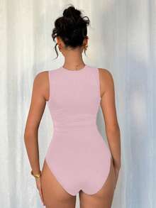 Rafferiza 优雅性感时尚黑色圆领无袖修身不对称几何网纱拼接针织连体衣，女士春夏款 - 淺粉色 - 查看 2