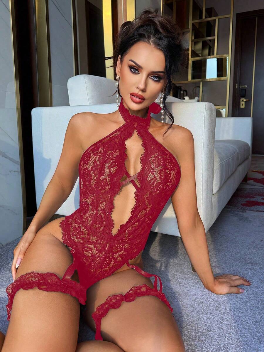 Seduluxe Bộ 3 món áo liền quần ren cho nữ, đồ lót liền thân gợi cảm cổ điển không đường may, không gọng [Áo liền quần + 2 dây đeo chân] - Màu Đỏ Sâu - Xem 1