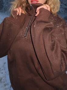 Turnttoni Women's Loose Split Zip-Up Hoodie - Coffee Brown - View 6