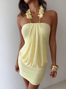 Aloruh Đầm mini ôm sát gợi cảm màu vàng trơn họa tiết hoa 3D phong cách Y2K dành cho nữ, thích hợp cho kỳ nghỉ. - Màu vàng - Xem 3