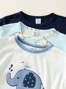 SHEIN 6pcs/Set Unisex Baby Clothes, Cute Cartoon Elephant & Plaid Pattern Short Sleeve Pajamas & Shorts Home Outfit Set, Summer - Multicolor - View 4