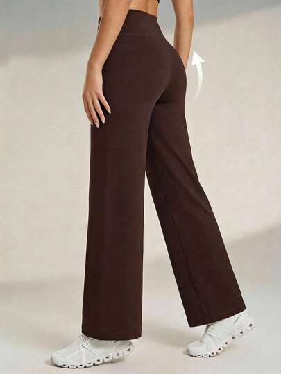 Anewsta 棕色高腰弹力腰带宽松瑜伽裤，女士休闲运动裤