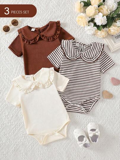 SHEIN Playful Pals 3件套可爱荷叶边领罗纹短袖连体衣，适合女婴