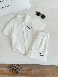 SHEIN Young Boy's Cute Summer Holiday White Printed Shirt And Elastic Waist Shorts Set,Cotton Linen Matching Outfit For Family Vacation,Birthday Party,Rave - Multicolor - View 6