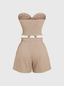 Sweetra 2pcs/Set Crop Top With Tie Knot & Ruffle Hem, Fashionable Summer Outfit - Brown - View 2
