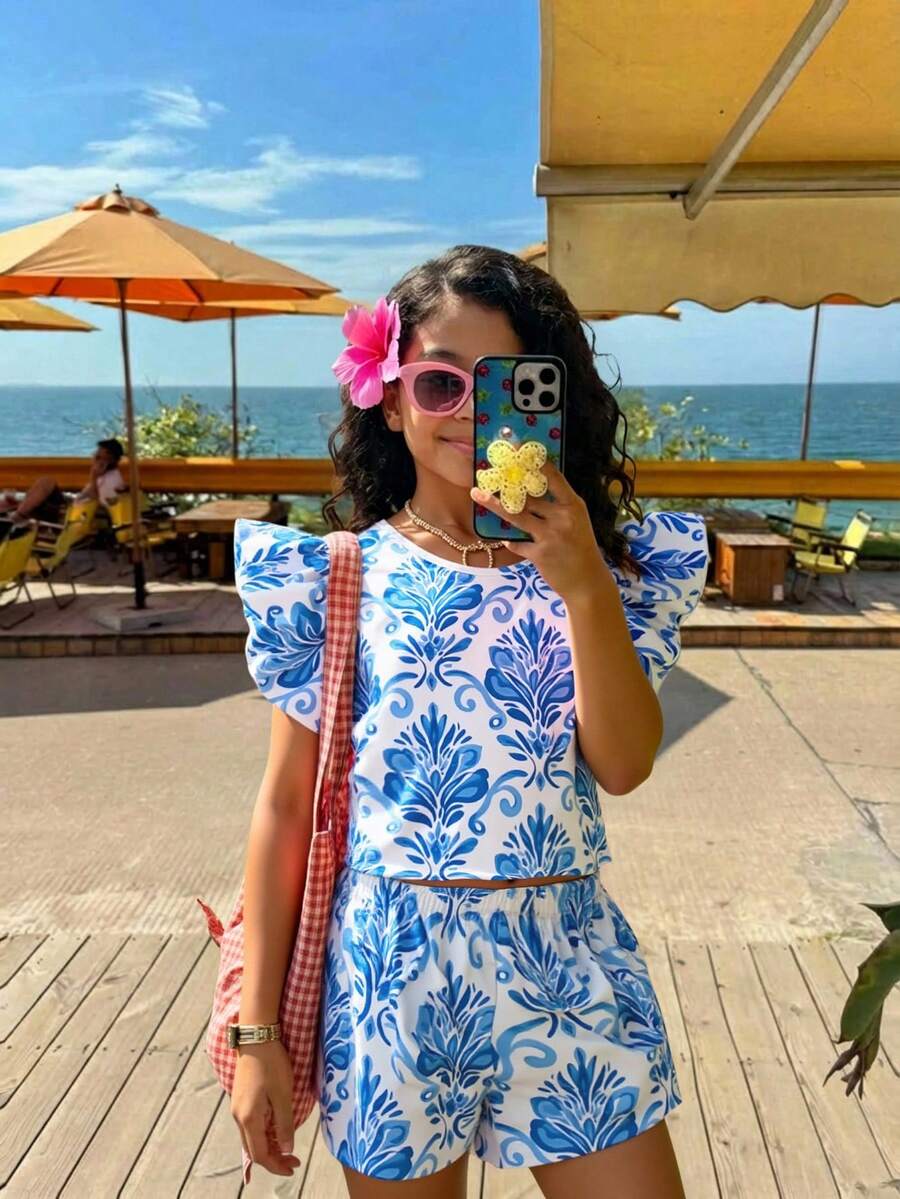 ChillGRL 2件套少女休闲可爱碎花印花面料荷叶边上衣和配套短裤套装,适合日常通勤、度假、姐妹街拍、春夏穿着。 - 藍色 - 查看 1