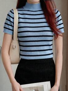 Almamuse Slim Fit Striped Casual Knit Short Sleeve Turtleneck Top - Mint Blue - View 6
