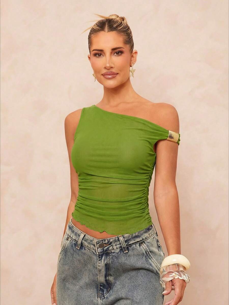 Lumalex 春夏不对称露肩软网褶皱波浪下摆上衣，饰有金属装饰，适合春假、夏季假期、情人节、嘉年华、海滩婚礼宾客、女士奢华晚宴、伴娘、婚礼及活动、外出、优雅度假、女士奢华晚宴、复古闪亮假日派对、锐舞节、郊游、度假、热门户外、层次丰富的婚礼季、宴会派对、生日派对等场合。