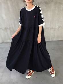 FRIFUL 女士藏蓝色撞色长连衣裙，精致刺绣，休闲运动风，夏季长款连衣裙 - 藏蓝色 - 查看 6