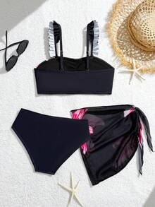 SHEIN Teen Girls Floral Print Bikini Sets,Ruffled Strap 3-Piece Swimwear With Cover-Up Skirt,Knitted Modest Bathing Suit For Summer,Beach,Vacation,Holiday - Black - View 2