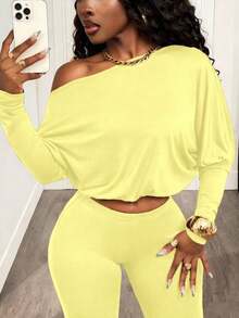 BamGleam Sexy Asymmetrical Shoulder Cinched Waist Long Sleeve Crop Top And Pants Set - Light Yellow - View 3