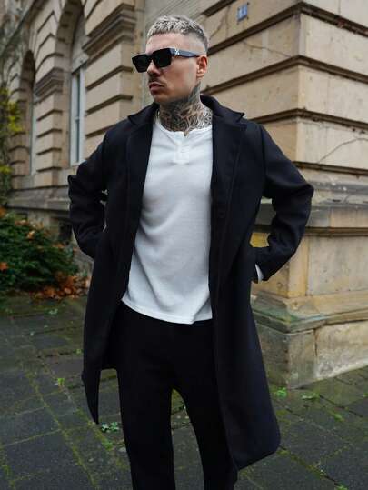 Artur Kramer Men's Long Sleeve Solid Color Button-Front Long Overcoat, For Fall Winter