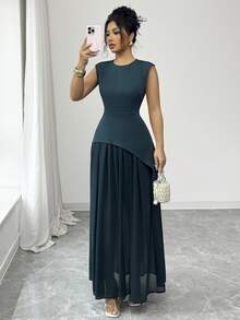 SHEIN Elenzya 女士橄榄绿面料拼接雪纺衬里圆领无袖褶裥肩部不对称下摆长连衣裙，优雅法式浪漫复古风格，适合通勤、商务、海滩、休闲、百搭、中东风情、婚礼、情人节、春夏等场合。 - 墨綠色 - 查看 3
