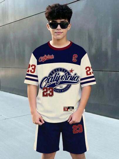 Set de 2 piezas Estilo casual Y2K para adolescentes, Número 23, Estampado de letras Los Ángeles, Retro americano, Bloqueo de color, Camiseta de manga corta y pantalones cortos con vibra deportiva, Adecuado para el verano