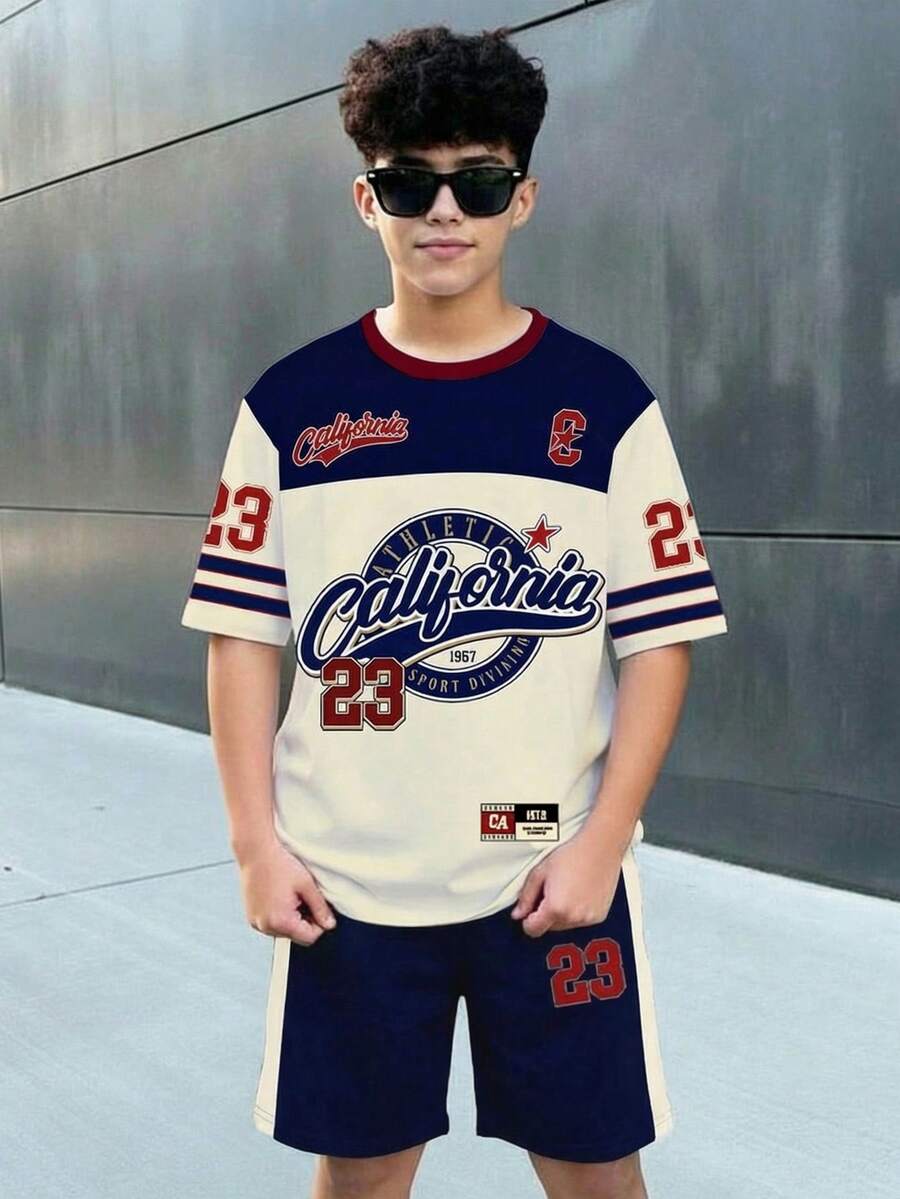 两件套休闲Y2K风格青少年男童套装，23号洛杉矶字母印花，复古美式撞色运动风短袖T恤和短裤，适合夏季穿着 - 彩色 - 查看 1