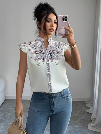 SHEIN Raffinéa Women's Digital Print Vacation Chic Cap Sleeve Single-Breasted Loose Shirt