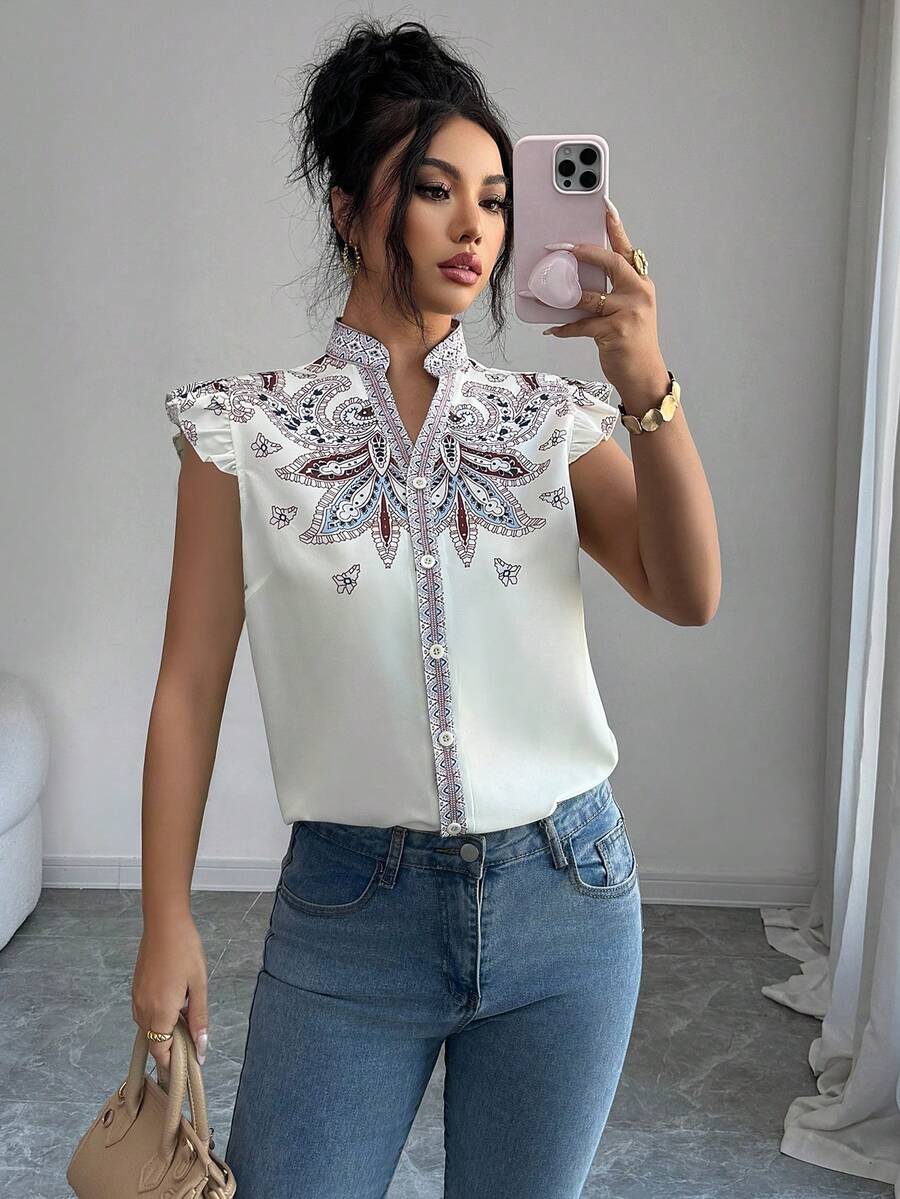 SHEIN Raffinéa Áo sơ mi nữ tay ngắn dáng rộng, in kỹ thuật số, phong cách nghỉ dưỡng, thích hợp cho kỳ nghỉ. - Nhiều màu - Xem 1