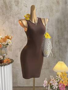 Attitoon Casual Minimalist Versatile Women Round Neck Bodycon Mini Dress, Suitable For Summer - Brown - View 9