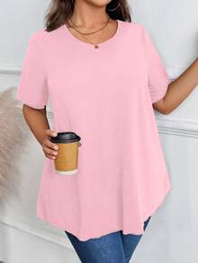 Women's Plus Size Pink Short Sleeve T-Shirt With Round Neck And Regular Hem Detail - Pink - View 3