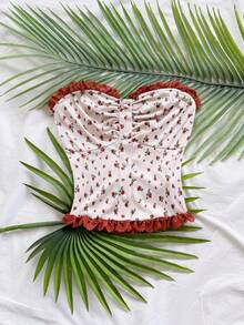 Soleia White Casual Textured Fabric Ruffle Trim Bustier Top, Suitable For Vacation, Beach, Summer, Boho - Multicolor - View 3