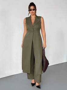 Firerie Plus Size Women Long Sleeveless Blazer Suit In Fall/Winter - Khaki - View 4