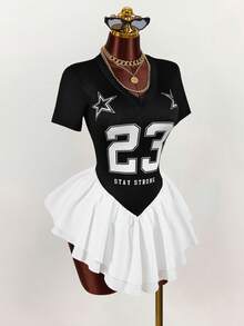 Amplova 女士撞色印花短袖迷你连衣裙 - 黑與白 - 查看 6