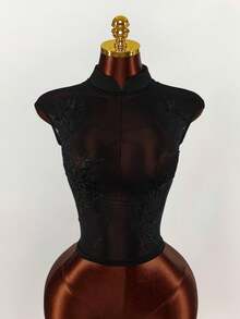 Amplova Women's Sheer Mesh Floral Blouse, Sexy Backless Design, Stand Collar, Revealing, Sensual - Black - View 8