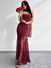 Firerie Women's Elegant Minimalist Sophisticated Romantic Charming Atmosphere Valentine's Day Date Party Wedding Guest Holiday Strapless Lace Patchwork Asymmetric Hem Lace Ribbon Bodycon Wine Red Dress - Burgundy - View 1
