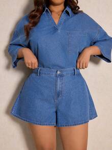 Elaquor 大码牛仔短袖上衣和短裤两件套 - 中等水洗藍 - 查看 4