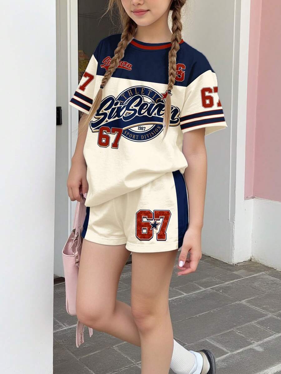 两件套少女休闲简约字母印花短袖上衣和短裤套装，适合夏季穿着 - 彩色 - 查看 1