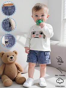 Vintaside Kids 男婴轻薄牛仔短裤，夏季新款 - 水洗中蓝色牛仔布，可爱街头风设计，休闲弹力腰带，饰有小熊和字母刺绣口袋，柔软舒适的纯棉牛仔面料，适合日常穿着、聚会、上学、通勤 - 春夏新品 - 中等水洗藍 - 查看 8