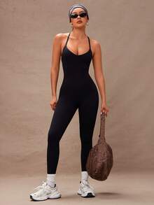 Lumalex Bộ đồ liền thân đơn giản, giản dị, cạp trễ chữ V màu trơn dành cho nữ khi tập gym - màu đen - Xem 3