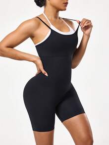 SHEIN Sports 女士二合一吊带背心短裤连体裤 - 黑與白 - 查看 3