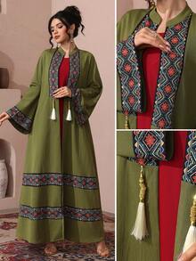SHEIN Najma Women's Stand Collar Printed Patchwork Fringe Long Sleeve Arabic Abaya